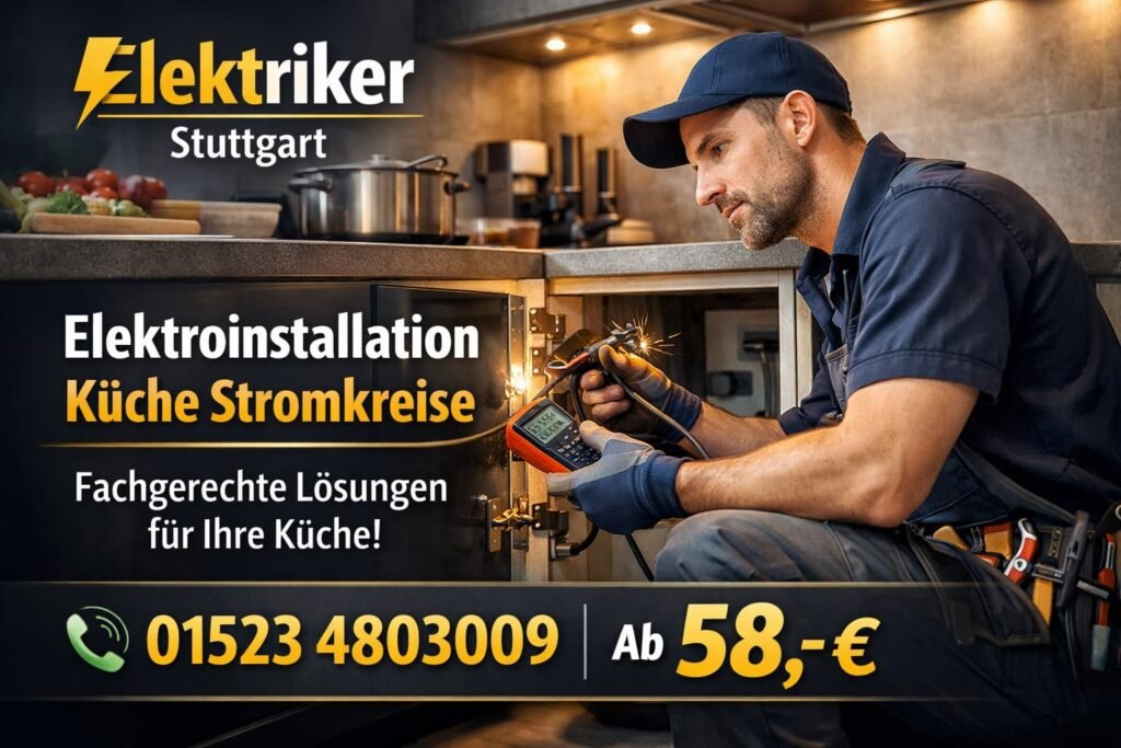 Elektriker Stuttgart bei der fachgerechten Elektroinstallation in der Küche: Techniker prüft Stromkreise im Unterschrank