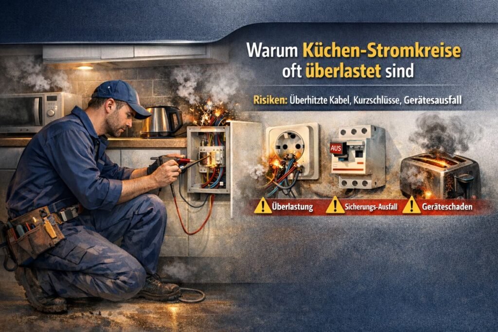 Elektriker arbeitet an überlastetem Küchen-Stromkreis mit sichtbaren Funken und Warnhinweisen.