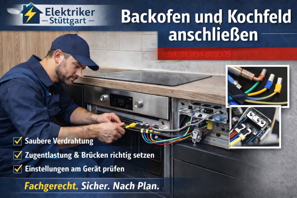 Elektriker schließt Backofen und Kochfeld fachgerecht an und prüft die Verdrahtung.