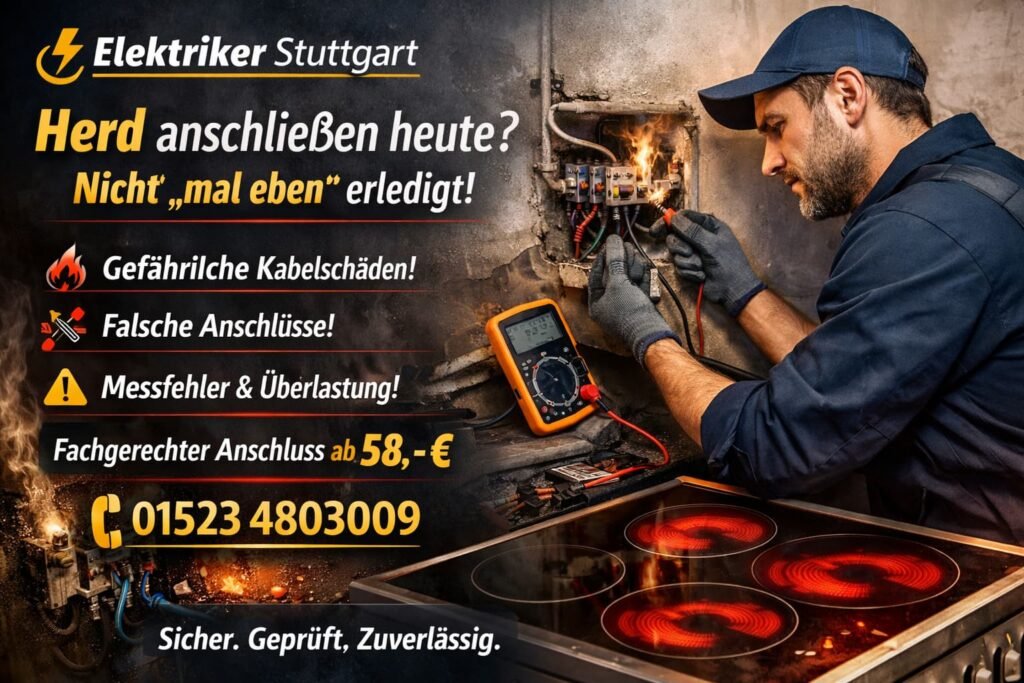 Elektriker prüft Herdanschluss mit Messgerät, sichtbare Hitze- und Schadenspuren an der Anschlussdose.