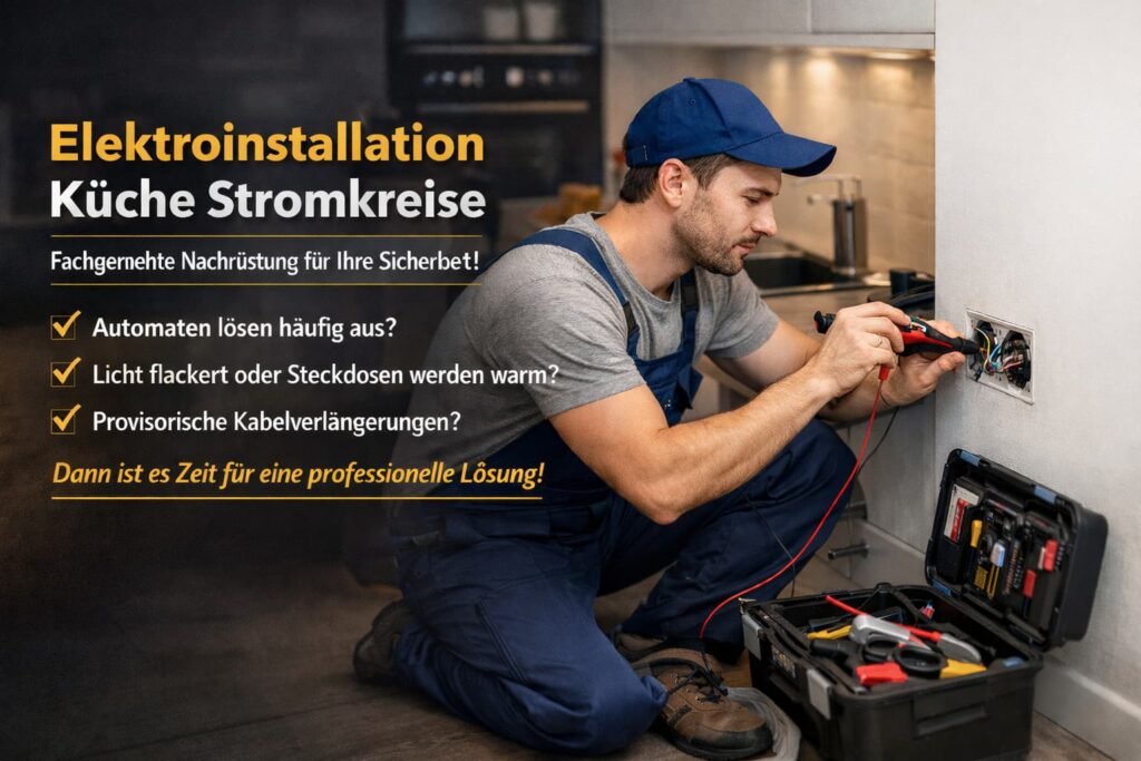 Elektriker prüft Steckdose in der Küche mit Messgerät und Werkzeugkoffer.