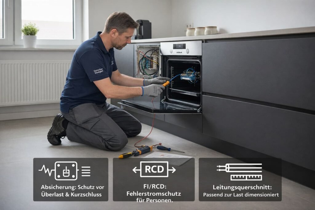 Elektriker prüft Herdanschluss in moderner Küche – Schutz vor Kurzschluss und Überlastung