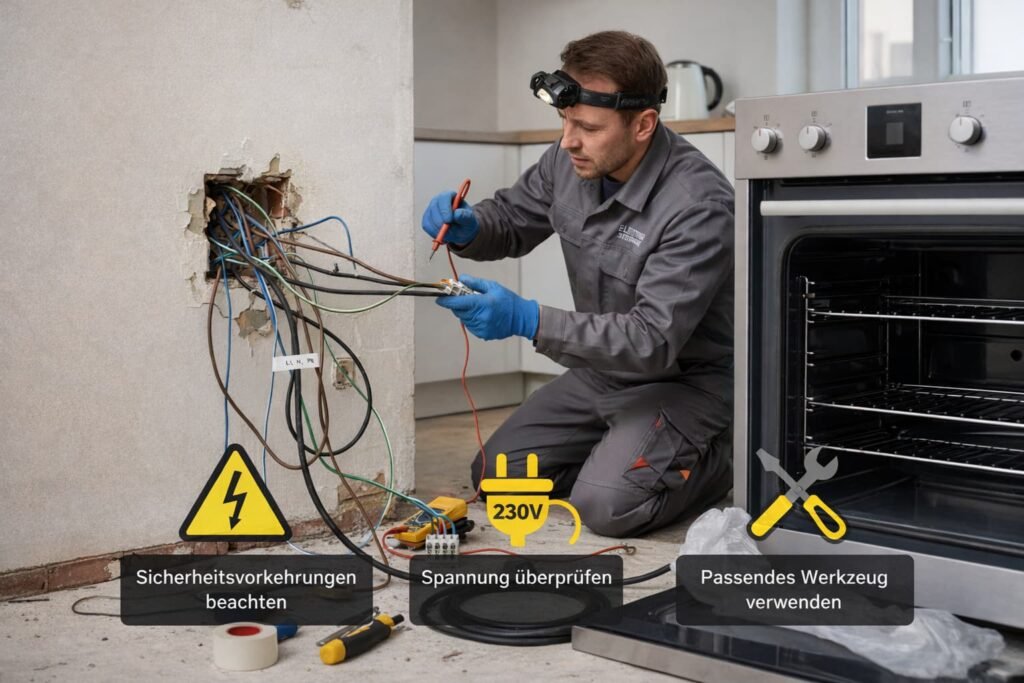 Elektriker prüft 230V-Backofenanschluss mit Messgerät, Sicherheitssymbole im Bild.