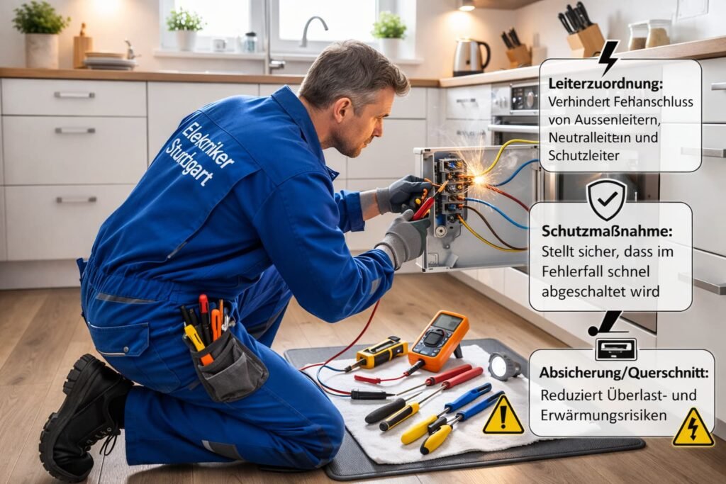 Elektriker Stuttgart beim Prüfen eines Herdanschlusses in der Küche