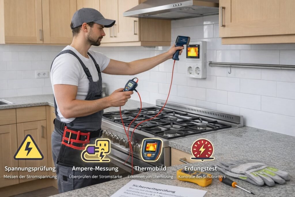 Elektriker mit Wärmebildkamera prüft Steckdose in moderner Küche