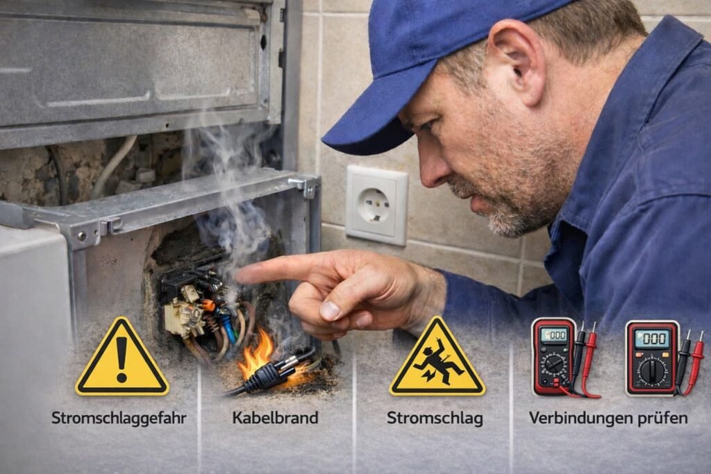 Elektriker prüft rauchende Elektroverteilung mit Multimeter – Kurzschluss und Kabelbrand Gefahr
