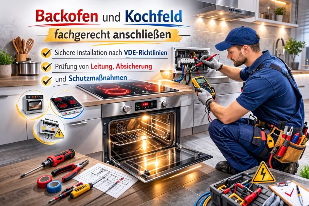 Elektriker schließt Backofen und Kochfeld fachgerecht an und prüft den Anschluss.