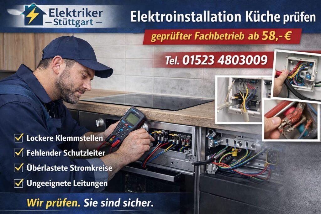 Elektriker prüft die Elektroinstallation in der Küche und misst die Anschlüsse am Herd.