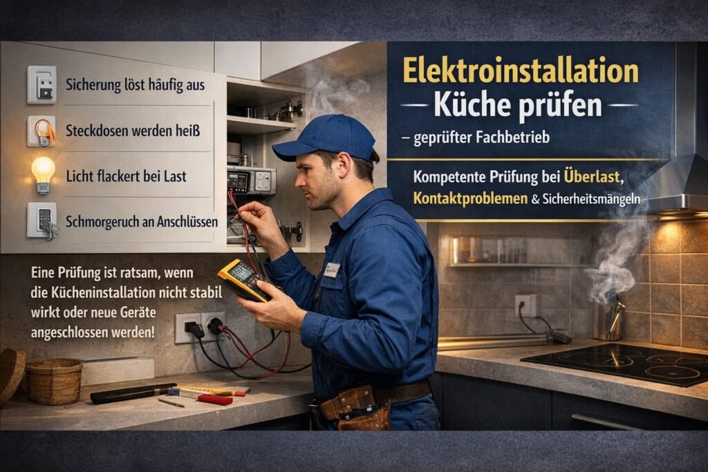 Elektrofachmann prüft die Kücheninstallation im offenen Schrank mit Messgerät.