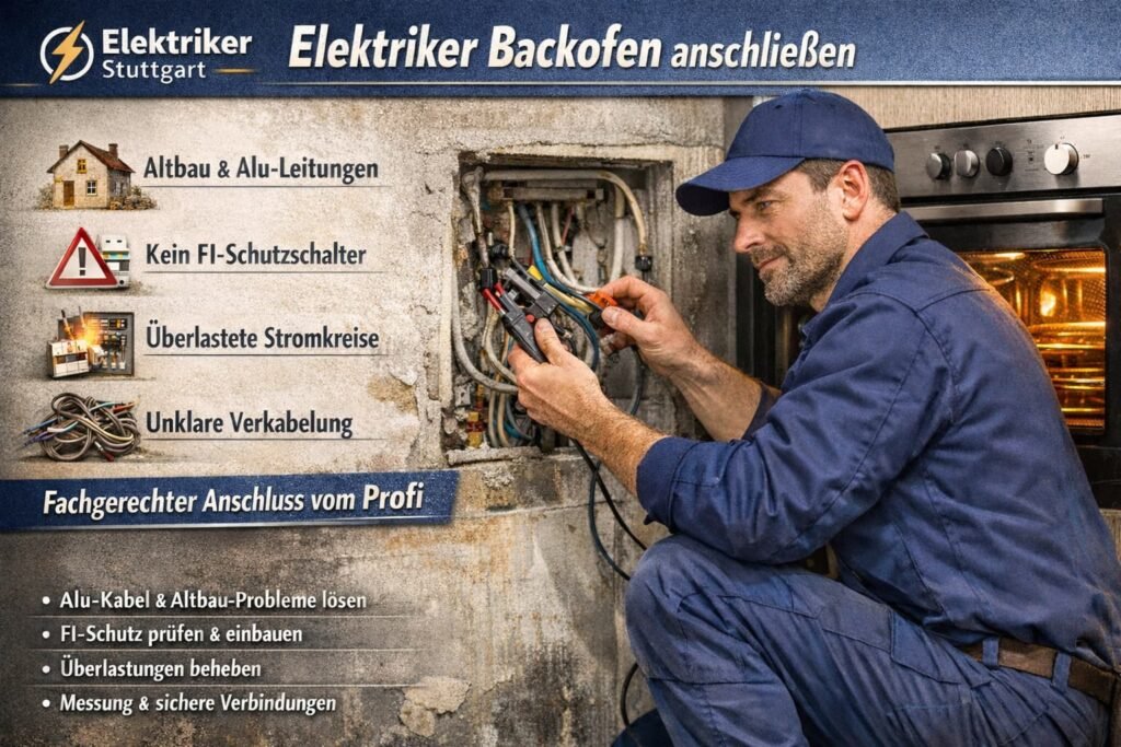 Elektriker prüft Backofen-Anschluss im Altbau mit offener Verteilerdose und Leitungen.