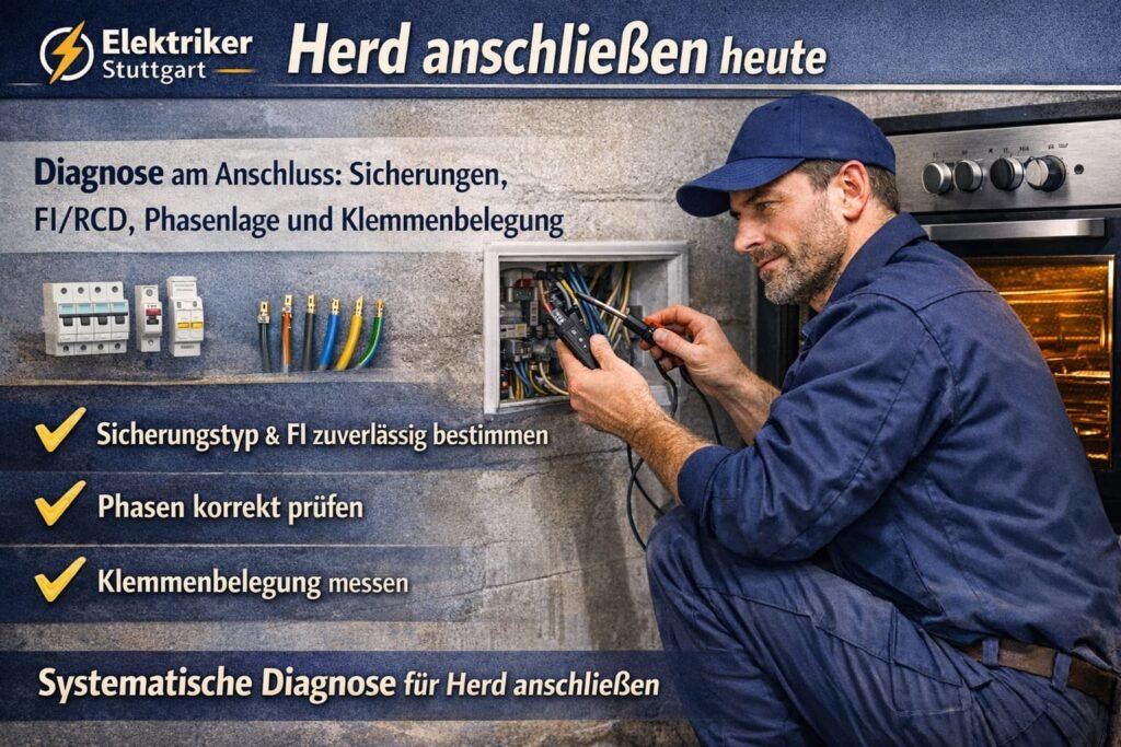 Elektriker prüft Herdanschluss mit Messgerät und offener Anschlussdose.