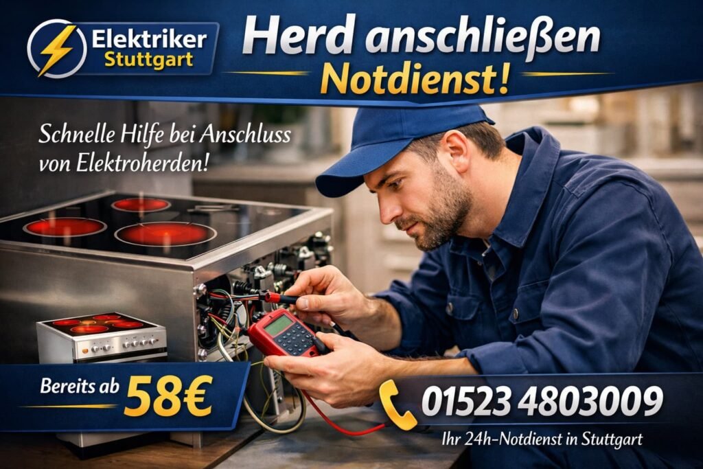 Elektriker prüft verschmorte Herdanschluss-Kabel mit Multimeter.