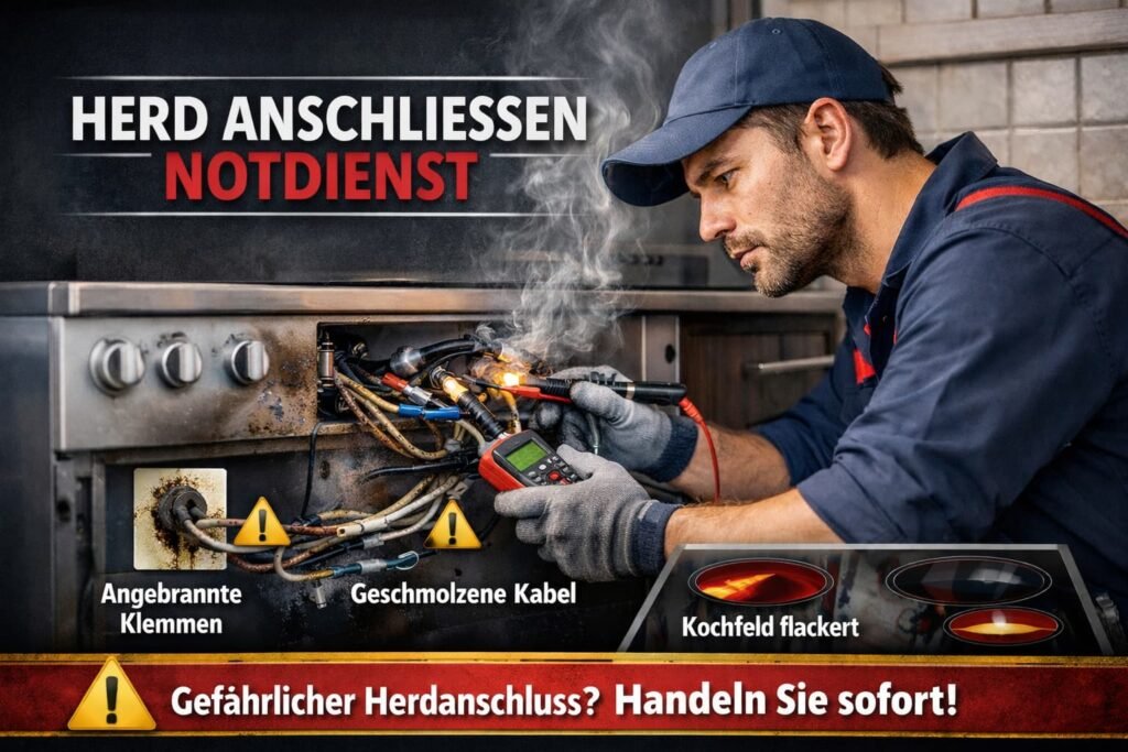 Elektriker prüft verschmorte Herdanschluss-Kabel mit Multimeter.
