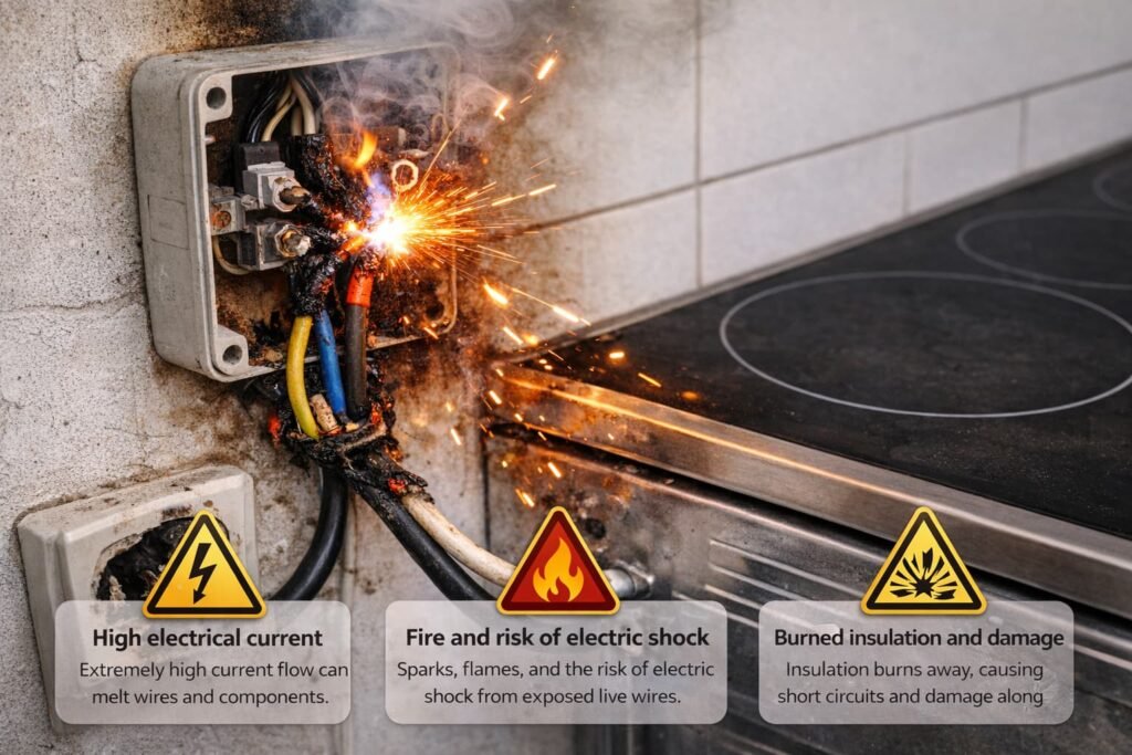 Kurzschluss am Herdanschluss mit Funken und Brandgefahr.
