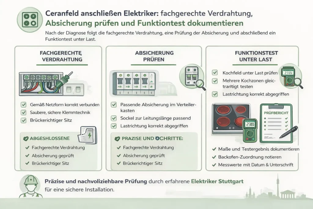 Ceranfeld anschließen Elektriker: fachgerechte Verdrahtung, Absicherung prüfen und Funktionstest dokumentieren