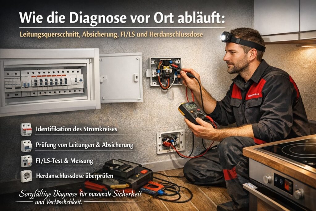 Elektriker prüft vor Ort Herdanschluss, Leitungen und FI/LS für sichere Diagnose und Installation