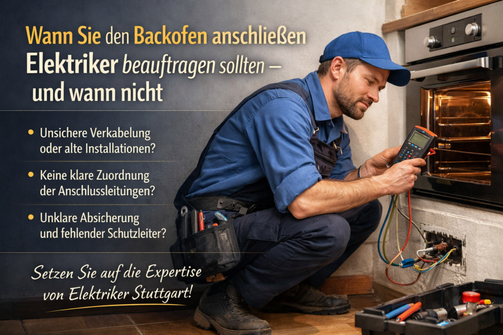 Elektriker prüft Backofenanschluss in moderner Küche mit Messgerät und sichtbarer Verkabelung