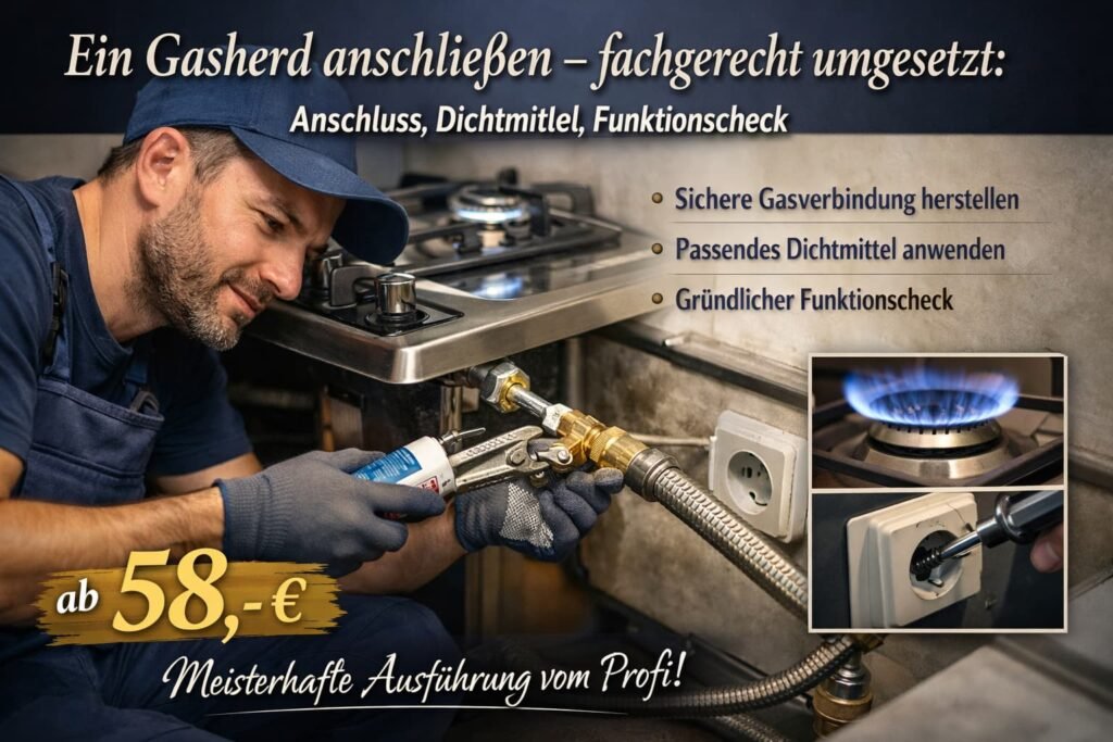 Elektriker schließt Gasherd fachgerecht an – sichere Verbindung, Dichtmittel und Funktionscheck ab 58 €
