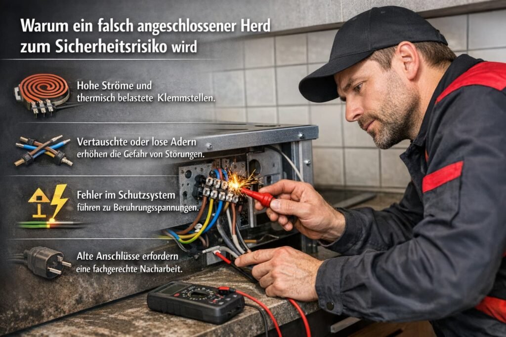Elektriker prüft einen falsch angeschlossenen Herd mit Messgerät und sichtbaren Klemmstellen gemäß VDE.