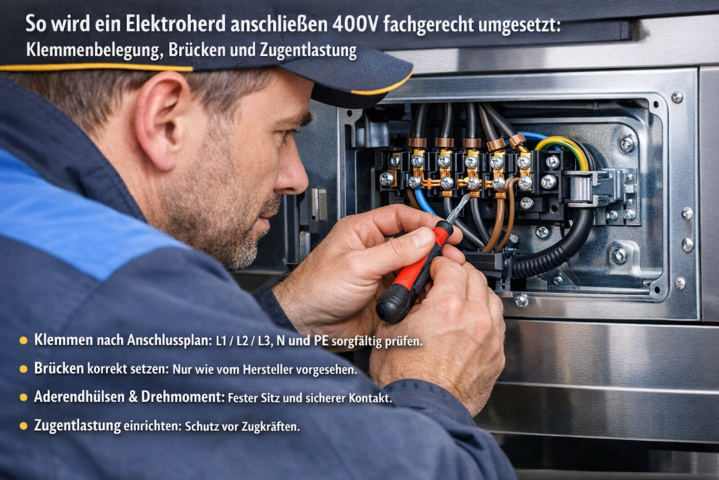 Elektriker schließt Elektroherd 400V fachgerecht an mit korrekter Klemmenbelegung und Zugentlastung.