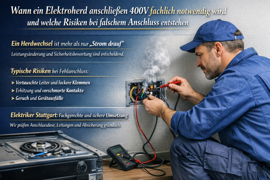 Elektriker prüft 400V-Elektroherd-Anschluss und kontrolliert Klemmen zur Vermeidung von Überhitzung und Fehlanschluss.