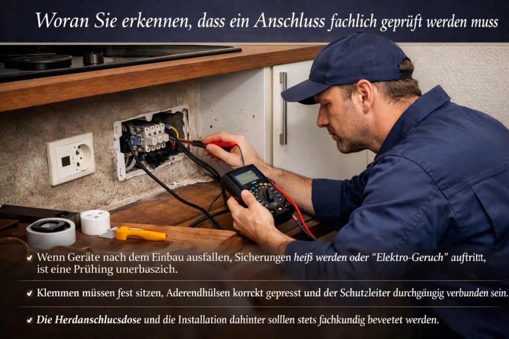 Elektriker prüft Herdanschlussdose mit Multimeter in der Küche.