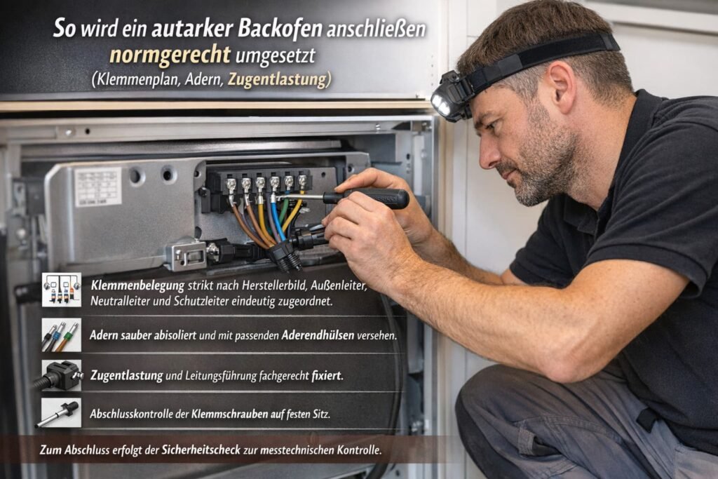 Autarker Backofen fachgerecht anschließen durch Elektriker mit Klemmenplan, Adern und Zugentlastung.