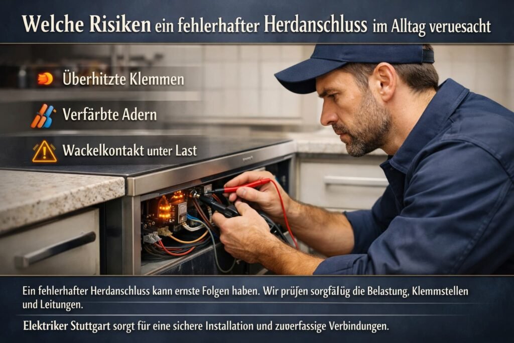 Elektriker prüft Herdanschluss in der Küche zur Vermeidung von Überhitzung und Kontaktfehlern.