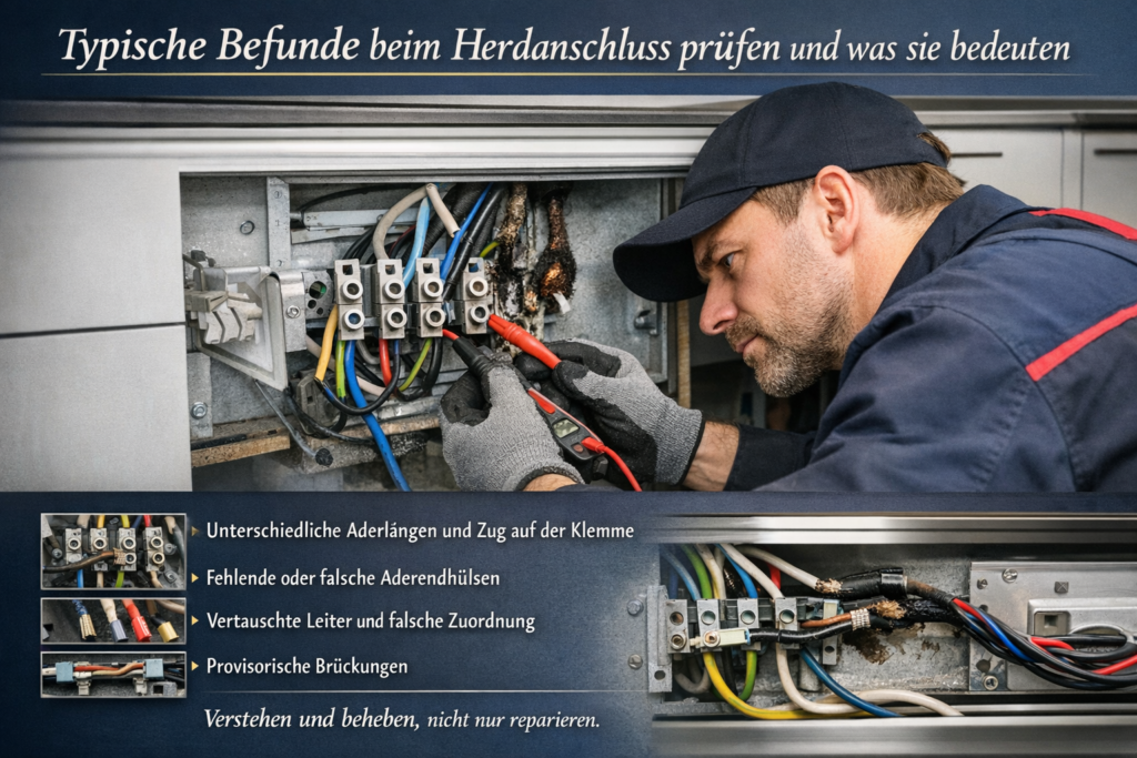 Elektriker prüft Herdanschluss in der Küche zur Vermeidung von Überhitzung und Kontaktfehlern.