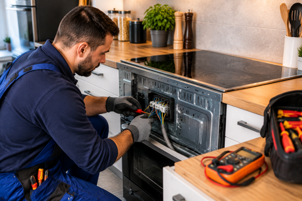 Elektriker installiert einen Elektroherd im Notdienst und prüft den Anschluss in einer modernen Küche in Stuttgart