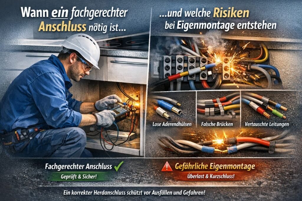 Fachgerechter Elektriker schließt Ceranfeld sicher an und zeigt Risiken einer fehlerhaften Eigenmontage beim Herdanschluss.