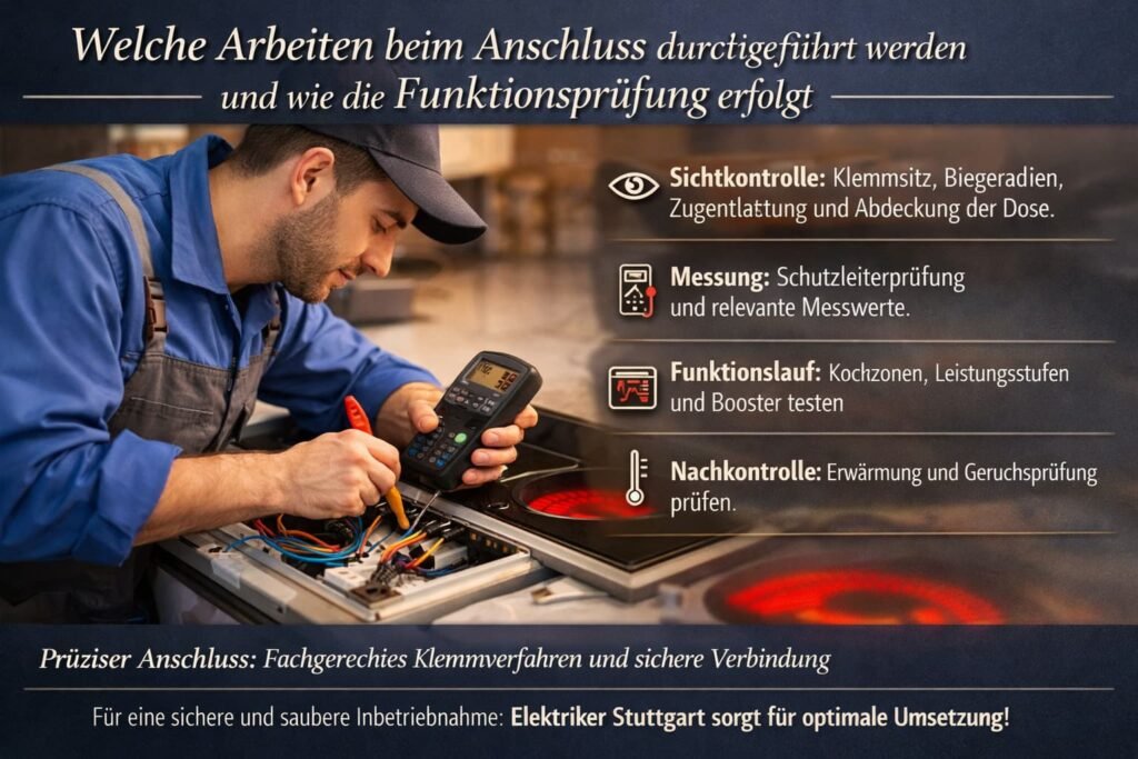 Elektriker prüft den Anschluss eines Cerankochfelds mit Messgerät und führt eine professionelle Funktionsprüfung durch.