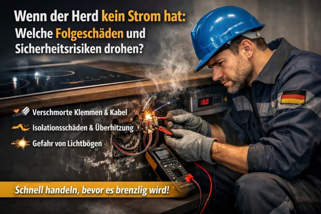 Deutscher Elektriker repariert defekten Herdanschluss mit beschädigten Kabeln und Brandrisiko