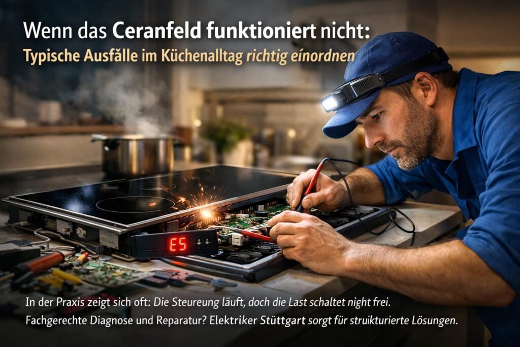 Elektriker repariert Ceranfeld mit Fehlercode in moderner Küche – Diagnose bei defektem Kochfeld