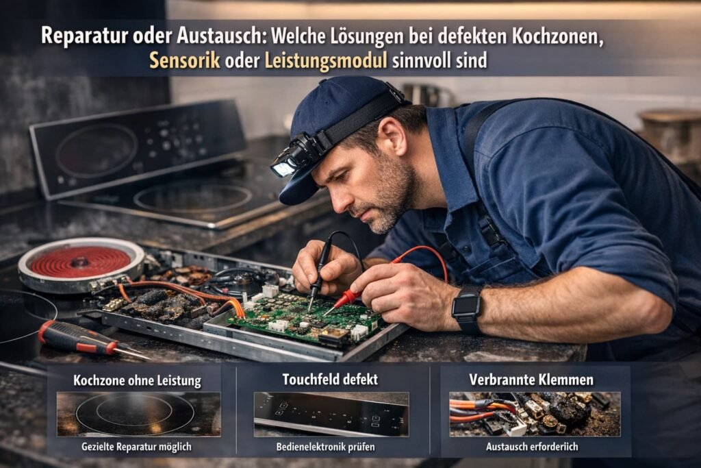 Techniker repariert ein defektes Cerankochfeld und überprüft Elektronik sowie Kochzonen in moderner Küche