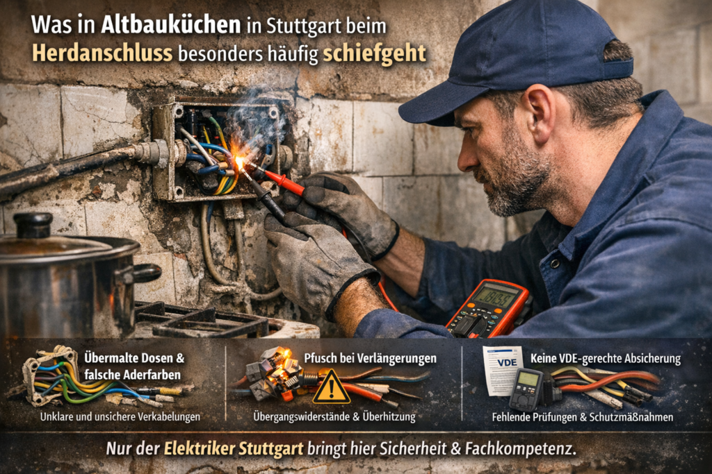 Elektriker in Stuttgart prüft unsicheren Herdanschluss in Altbauküche und behebt fehlerhafte Verkabelung nach VDE-Norm
