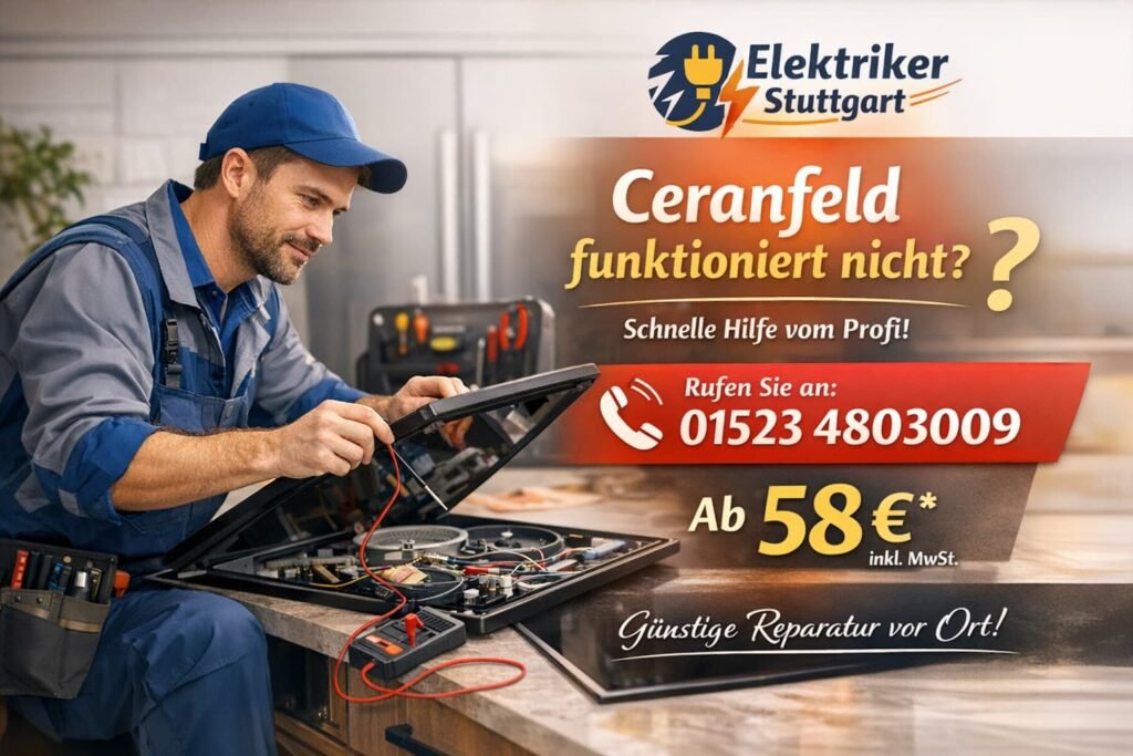 Elektriker repariert defektes Ceranfeld in moderner Küche – ElektrikerStuttgart ab 58€ verfügbar