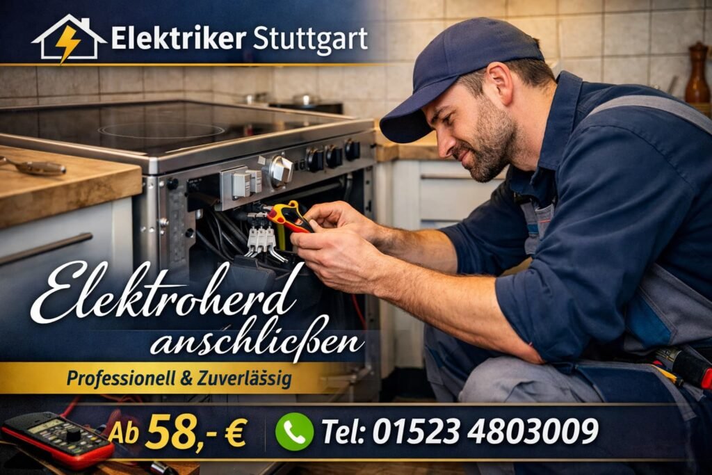 Elektriker in Stuttgart beim fachgerechten Anschließen eines Elektroherds in moderner Küche, Service ab 58 € mit schneller Terminvergabe
