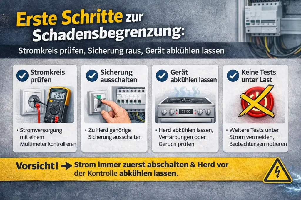 Erste Schritte zur Schadensbegrenzung: Stromkreis prüfen, Sicherung raus, Gerät abkühlen lassen