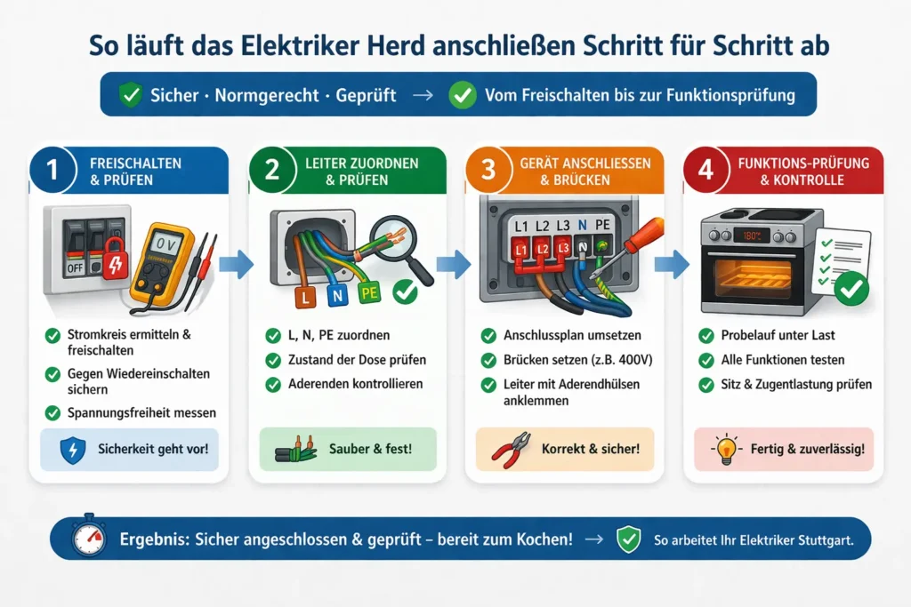 So läuft das Elektriker Herd anschließen Schritt für Schritt ab – vom Freischalten bis zur Funktionsprüfung
