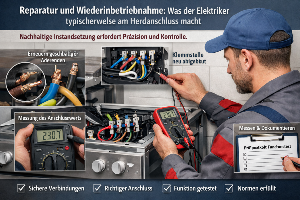 Elektriker prüft und repariert Herdanschluss, misst Spannung und stellt sichere elektrische Verbindung wieder her