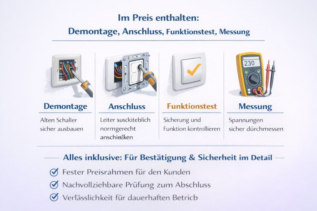 Im Preis enthalten: Demontage, Anschluss, Funktionstest, Messung