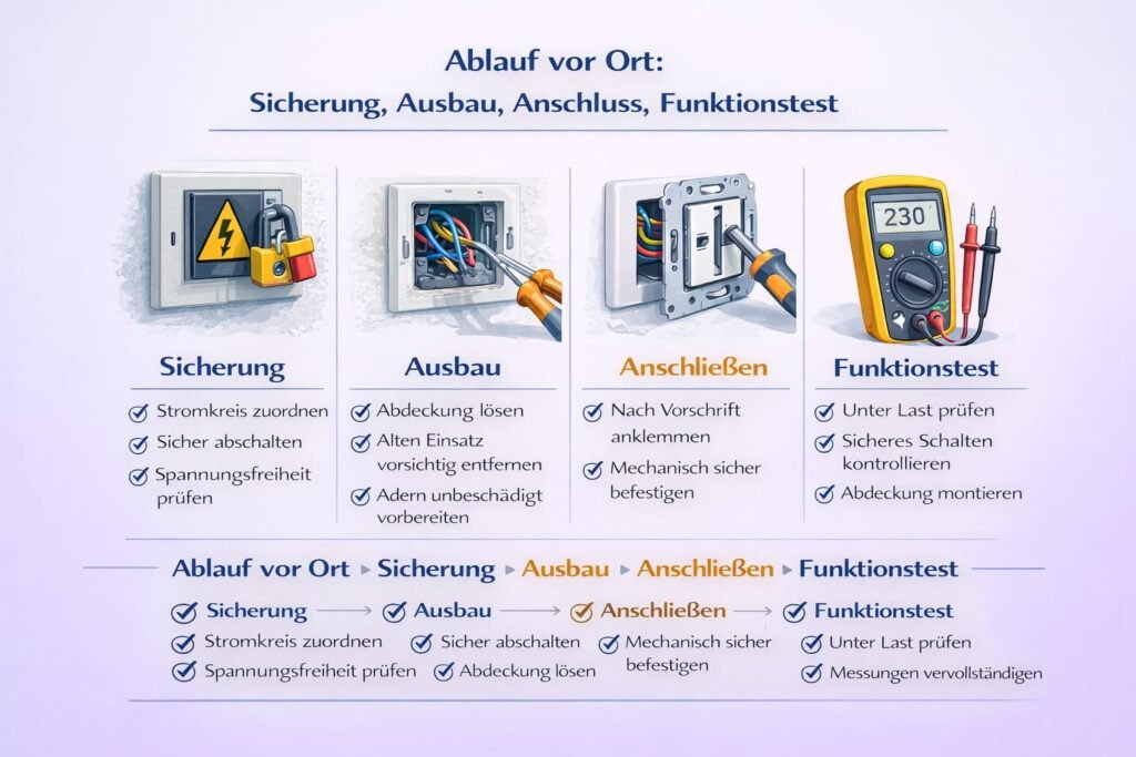 Ablauf vor Ort: Sicherung, Ausbau, Anschluss, Funktionstest