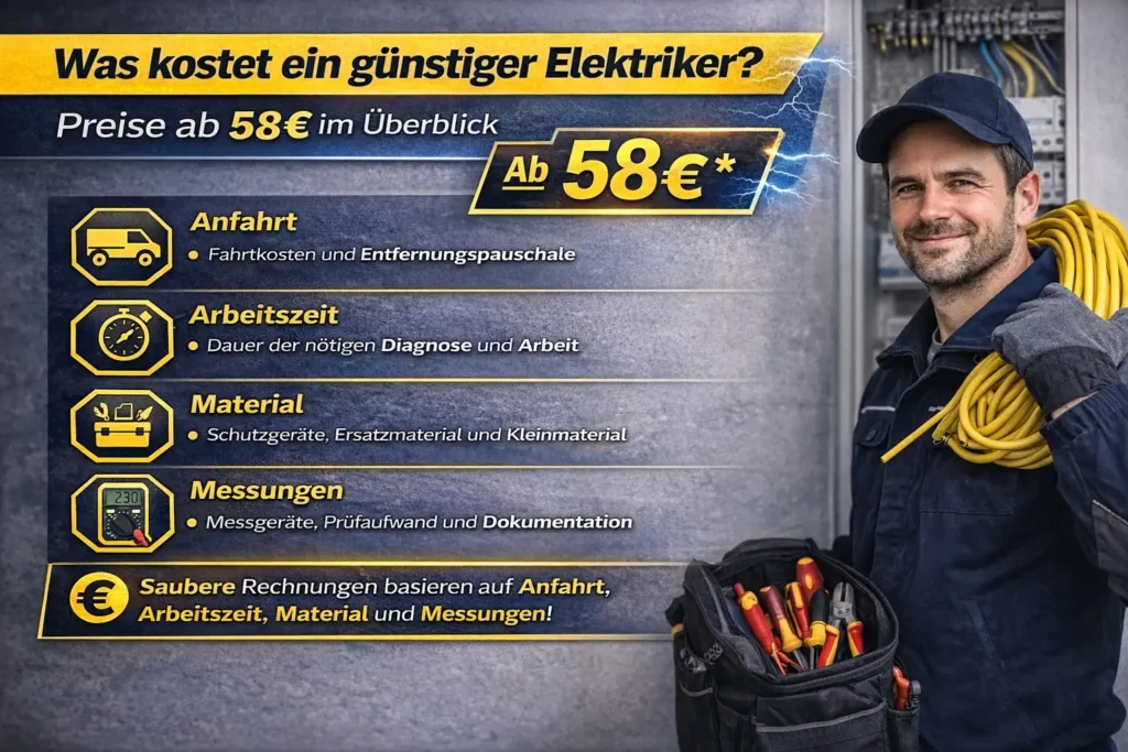 Was kostet ein günstiger Elektriker? Preise ab 58 € im Überblick