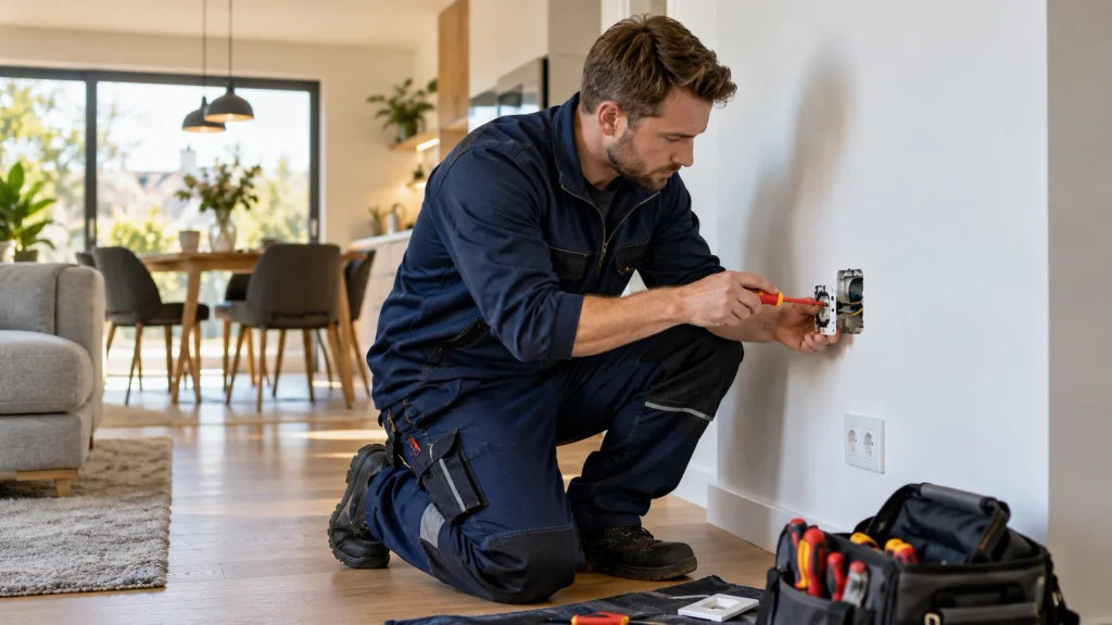 Elektriker repariert eine defekte Steckdose in einem Wohnhaus