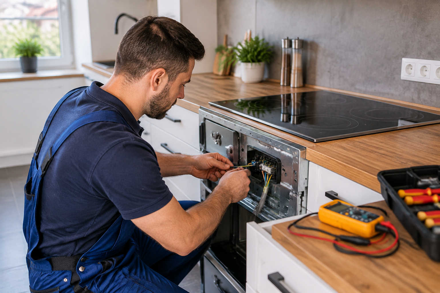 Elektriker installiert einen Elektroherd und prüft den Anschluss in einer modernen Küche in Münster